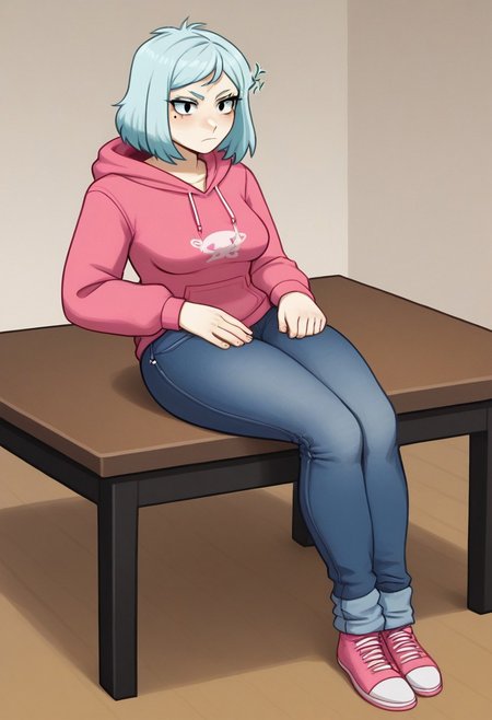 1woman, firm  body, thick thighs , medium  breasts, mole on body , inuit, pink  chignon hair,, anger vein, reclining, sitting, knees together feet apart , on table, dining room, hoodie, cutoff jeans,0.3::kneehighs,  
,suizilla, cute