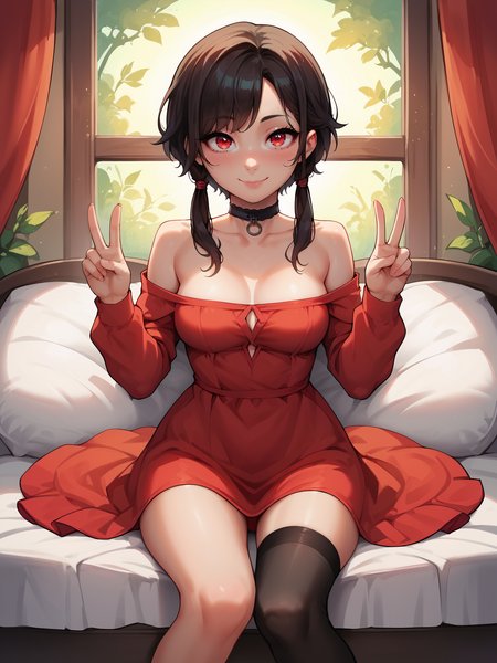 score_9, score_8_up, score_7_up, score_6_up, score_5_up, score_4_up,
uncensored, 
1girl, solo, red eyes, dress, thighhighs, single thighhigh, red dress, short hair with long locks, black thighhighs, bare shoulders, looking at viewer, smile, collarbone, sitting, collar, off-shoulder dress, brown hair, off shoulder, long sleeves, short dress, blush, short hair, choker, black hair, closed mouth, sidelocks,
medium breasts, double v, 
 <lora:DTLDR-2:1> dtldr, Detailed drawing,