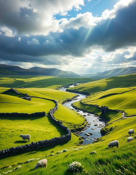A breathtaking, high-resolution photograph of the rolling plains of Ireland, stretching endlessly under a vast, cloud-streaked sky. The landscape is a lush, vibrant green, with gentle hills covered in soft grass and dotted with scattered wildflowers. Ancient stone walls and winding dirt paths cut through the fields, marking old farmland boundaries. In the distance, a few solitary sheep graze peacefully, their white wool contrasting against the emerald grass. A small, clear river meanders through the valley, reflecting the soft light of the sky. The horizon is framed by low, misty mountains, adding depth and mystery to the scene. Above, the sky is a mix of bright blue and fluffy white clouds, casting dynamic shadows across the landscape as beams of sunlight break through. The atmosphere is serene, timeless, and rich with the natural beauty of the Irish countryside.
<lora:SDXLFaeTastic2400:0.4> <lora:extremely_detailed:0.4> extremely detailed, <lora:rolling_plains_of_1r3l4nd:1>,rolling plains of 1r3l4nd, Masterpiece,best quality,hi res,8k,hi res,8k,award winning,(sharp focus, intricate, highly detailed),