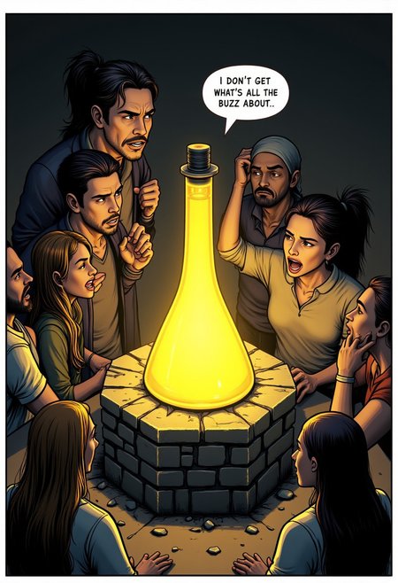 aidmaMJ6.1, aidmaimageupgrader, The image shows a glowing yellow vial on a stone pedestal, surrounded by a group of people in a heated argument, their gestures and expressions intense. Off to the side, a confused bystander stands scratching his head. A text bubble above him reads: "I DON'T GET WHAT'S ALL THE BUZZ ABOUT." The vial’s glow lights the scene, contrasting the tension with the bystander’s humorous detachment.
