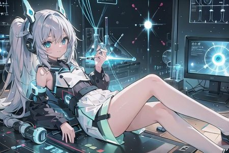 (masterpiece), (science fiction:1.4), 1girl, lying on the back on a mirror, lying on the back on a mirror, lying on the back on a mirror, smile, silver hair, aqua eyes, headgear, long sleeves, detached sleeves, glowing energy clothing, light particles, energy particles, perfect hands, perfect legs