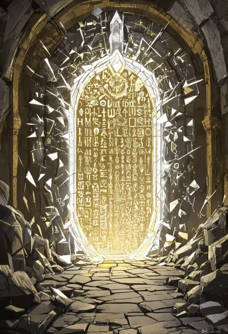 You are an assistant designed to generate superior images with the superior degree of image-text alignment based on textual prompts or user prompts.  <Prompt Start> A fairy-tale fantasy concept design showing a crystal portal made of shattered metal full of a multitude of arcane runes. Inside of a forgotten vault. A sense of fear is permeating the scene. The concept design's style is dreamlike, mystical and legendary. The color scheme is characterized by white and gold hues.