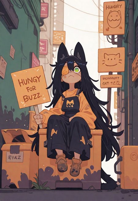 Woman. Demihuman cat. Black messy long hair. Green eyes. Eyepatch over left eye. Cat ears and tail. Dirty. Alleway background. Sitting in a dumpster. Old clothes. Alley background. (holding sign saying ("Hungry for BUZZ")