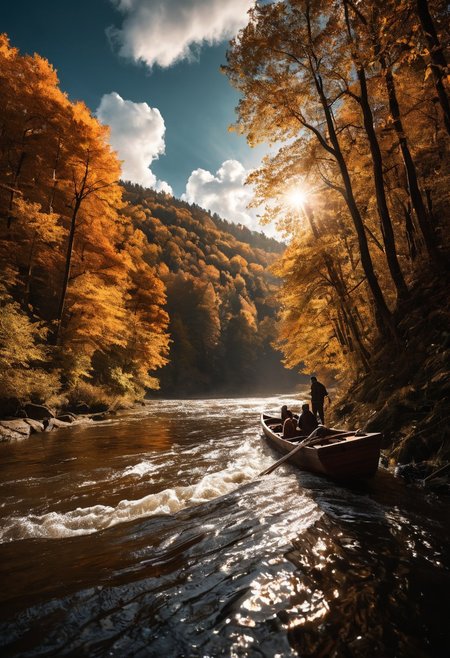 Breathtaking views, nostalgia, detailed landscape, captivating, a harmony of nostalgia and innovation, great lighting, Nature, autumn leaves, fall, forests, A wooden boat is going down a rapid river, there is a boatman and passengers on board, the boatman is steering the boat with expert skill, the light from sun lit up the river, sun, sunlight, beautiful rivers, double exposure, beautiful view, mysterious glow, beautiful clouds, depth of field, masterpiece, best quality, 8k, ultra-detailed, very aesthetic, illustration, superb composition, finest details, intricate details, absurdres, high contrast, RAW, concept art,