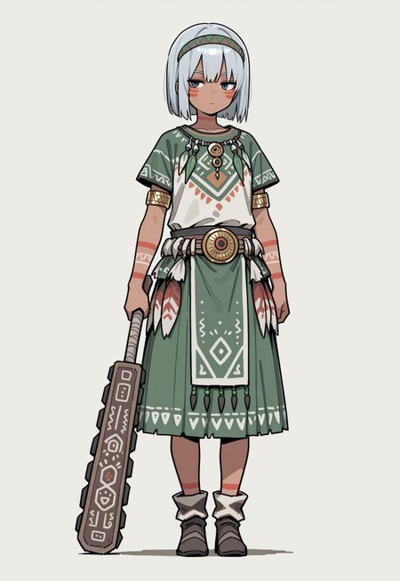 masterpiece, best quality, 32k, high resolution, absurdres, asatsuki, weapon, facial mark, expressionless, skirt, closed mouth, shirt, tribal, full body, green skirt, armlet