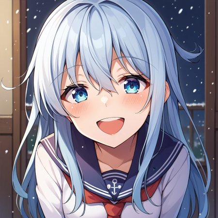 score_9, score_8, score_7, source_anime, hibiki (kancolle), neckerchief, POV, looking at viewer, blush, smile, open mouth, upper teeth only, snowing