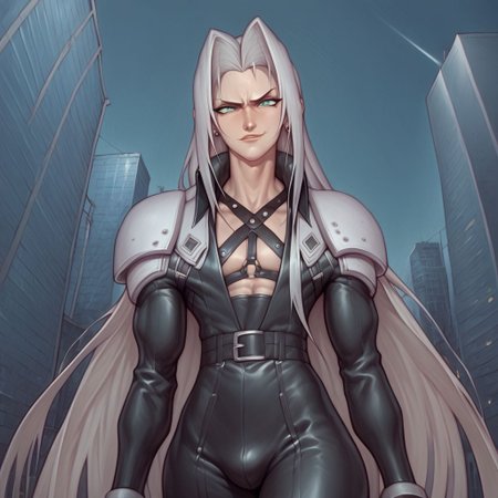 score_9, score_8_up, score_7_up, flightless detailed closeup action shot, from front, Sephiroth leaping through the air swinging very long sword in a wide overhead arc, smug expression, dynamic pose, exaggerated perspective emphasizing action, in an industrial city at night, dim street lighting, solo, beautiful, androgynous, flat chest, leather straps, broad shouldered, long draping leather overcoat, high contrast, industrial cityscape background,