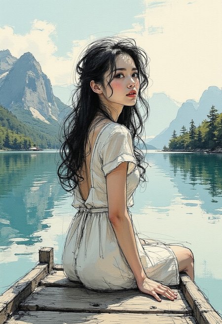 colored sketch in the style of ck-ccd, young Asian woman in a summer dress, long loose hair, sitting at the end of a jetty on  tranquil mountain lake, with mountains in the background