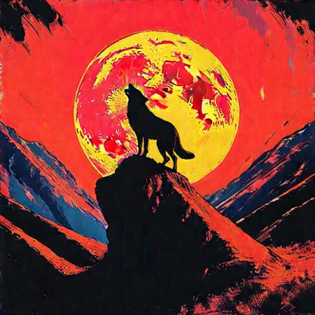 impactful color paint of, 1 Wolf standing on top of a cliff under 1 red moon, howling, black silhouette  red moon, black cliff, black  sky, highly detailed, vibrant colors, 8k, sharp, professional, clear, high contrast, high saturated, vivid deep blacks, crystal clear