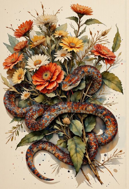 score_9, score_8_up, score_7_up, 8k high quality digital painting, masterpiece, very detailed, ultra realistic, (best quality) very detailed epic masterpiece, we see a colorful bouquet of flowers through which a poisonous snake crawls and aggressively opens its mouth, dangerous, watercolor, water colors, the edges blend into the white of the paper,, watercolor, water colors, the edges blend into the white of the paper, realistic, realism, full body
