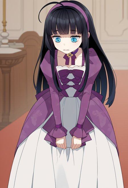 score_9, score_8_up, score_7_up, source_anime, ,
BREAK
1girl, solo,
<lora:shiAbiDaughtV1:1>, 
shiabidaupurp, vnstyle,
black hair, blue eyes, long hair, ahoge, purple hairband, blunt bangs, hime cut, 
white dress, purple bow, purple choker, ribbon choker, puffy sleeves, long sleeves, 
looking down, leaning forward, skirt hold,