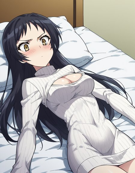 score_9, score_8_up, score_7_up, source_anime, <lora:ayame-kajou-s1-ponyxl-lora-nochekaiser:1>, ayame kajou, long hair, black hair, brown eyes, yellow eyes, medium breasts,, <lora:open-chest-sweater-ponyxl-lora-nochekaiser:1>, open-chest sweater, ribbed sweater, cleavage cutout, meme attire, clothing cutout, turtleneck, sweater dress, cleavage, clothes tug, sweater pull, cleavage reach,, indoors, bed, bed room, blush, on bed, on back, , dutch angle, cowboy shot