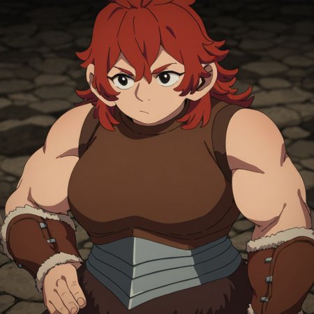 masterpiece, best quality, newest, absurdres, highres, 
DMStyle-DmpackV1.0, official style,
DMPACK-1-Namari, dwarf, dwarf female, shor, shortstack short posture, red hair, black eyes, armor, leather armor, muscular female,