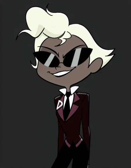 <lora:Agent2Illustrious1.0JLFO:1> agent2, 1girl, solo, blonde hair, suit, formal, sunglasses, necktie, short hair, female focus, black necktie, smile, dark skin, long sleeves, pants, looking at viewer, cowboy shot,simple background,