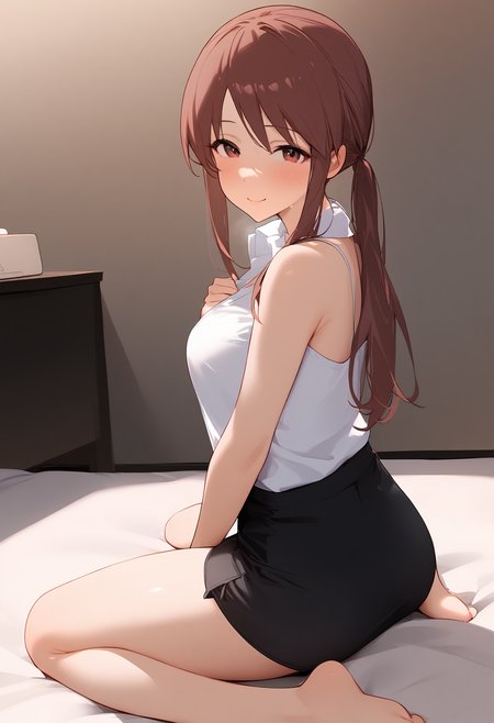 1girl,looking at viewer,mifune miyu,smile,solo,blush,bare shoulders,pencil skirt,shirt,wariza,barefoot,<lora:a31_char_new_mifune_miyu:1>masterpiece, best quality, absurdres<lora:a31_style_koni-000010:0.8>