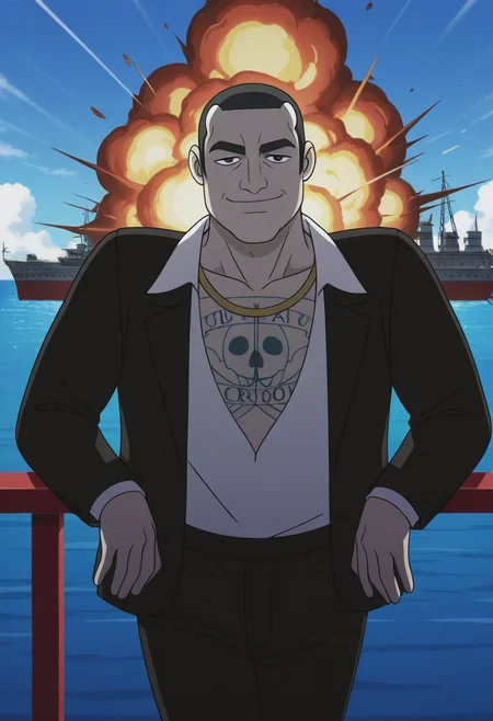 1boy, day, sunlight, leaning back, (cowboy shot:1.5), light smile, looking at viewer, against railing, facing viewer, casual, bent arms,
BREAK
nuclearterrorist, mature male, anime screencap, black hair, buzz cut, black eyes, thick eyebrows, gold necklace, jewelry, chest tattoo,
BREAK
black jacket, black pants, white shirt, shirt tucked in, collared shirt, low neckline, open shirt, open jacket, long sleeves, brown footwear, formal,
BREAK
thick arms, large pectorals, blue sky, horizon, ocean, outdoors, cloudy sky, explosion, cargo ship, 
BREAK
best quality, masterpiece, very aesthetic, absurdres, highest detailed, <lora:Antagonist_of_E1_from_Q-Force_v1.0:1>