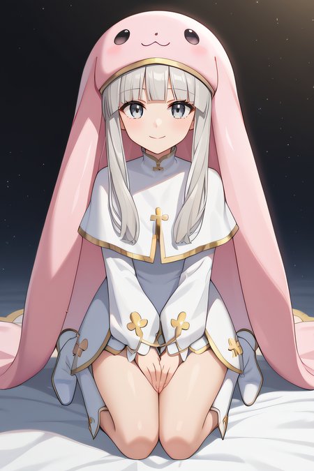 score_9, score_8_up, score_7_up, source_anime, rating_safe, intricate details, anime screencap, official style, 1girl, solo, <lora:Sistermon_Blanc:1>, sistermonblanc, grey eyes, grey hair, pink hat, very long floppy animal ears, white dress with gold trim, long sleeves, white capelet, thighs, looking at viewer, smile, indoor, kneeling, white boots, full body