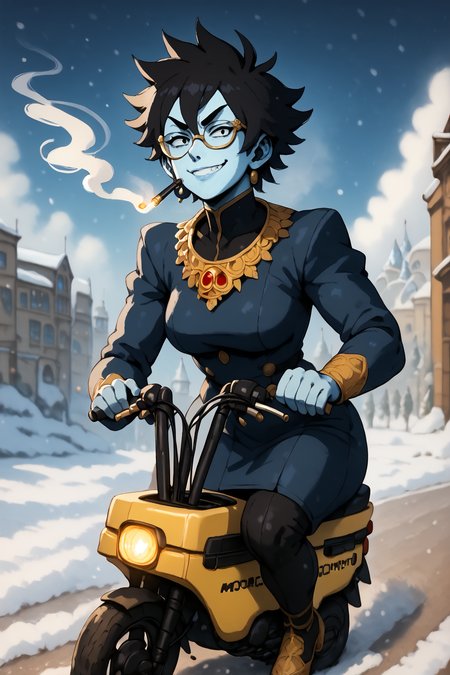 royal blue skin, black hair, spikey hair, angular gold glasses, fancy gold jewelry, smug, smoking,  <lora:RD-MAnon-XLV1.1:1>, inf front of a café looking out over a artic snow field, ((motocompo)), solo, standing, behind  <lora:motocompo_detailed:1.5> ground vehicle, riding motocompo, , source_anime, score_9_up, score_7_up, score_8_up