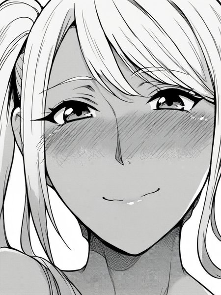 score_9, score_8_up, score_7_up,  
1girl, monochrome, tan, white hair, side ponytail, face, close-up, smile, closed mouth, looking at viewer, nose blush,

