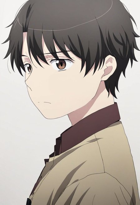high resolution, solo, best quality, 1Boy, Inaho Kaizuka, Black Hair, Brown Eyes, potrait, dark shirt, looking at viewer, focused gaze forward, simple background, straight body, upper body, head upright, sadness, OverallDetail