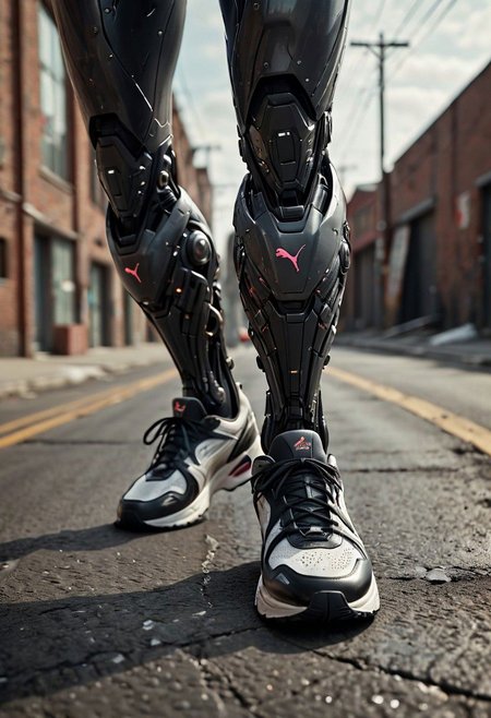 Super Closeup, a detailed running Cyborg Leg in samba retro Sneaker, in Motion, Explore the stark contrast between the ominous, sunset landscape, dystopian backdrop and the vibrant shoes in descent. Running to Edge of Cliff, Dive into the emotions, obstacles, and enigmatic ambiance conveyed by this distinctive scenario. very detailed, raw photo, photorealistic, high detailed texture, 8k uhd, dslr, soft lighting, high quality, film grain, Fujifilm XT3, highly detailed photography, atmospheric haze, Film grain, cinematic film still, shallow depth of field, highly detailed, high budget, cinemascope, moody, epic, OverallDetail, 2000s vintage RAW photo, photorealistic, candid camera, color graded cinematic, eye catchlights, atmospheric lighting, imperfections, natural, shallow dof