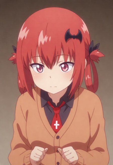 masterpiece, best quality, amazing quality, sataniagd, bat hair ornament, hair ribbon, school uniform, black shirt, red necktie, brown cardigan, <lora:illustriousXL Satania V1:1>