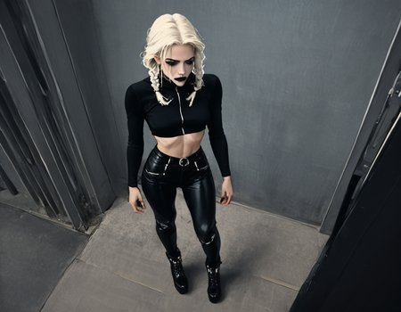 (score_9,score_8_up,score_7_up:1), 1girl, full body, above   angle, no lighting, sad, (goth, (black lipstick, black mascara, black eyeshadow)), (milf), white hair, long braided hair, choker, eyeshadow)), (white soft skin), big ass, tight butt, (sneaking), imperious corridor, (<lora:goth_clothes:1> black crop top, black platform boots), <lora:Always_In_Flux_Style:1>