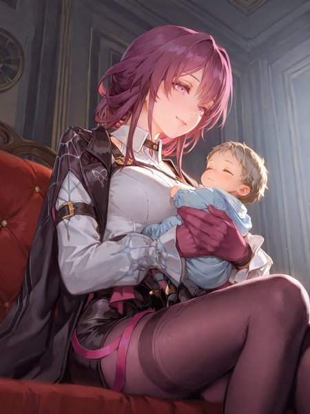 (masterpiece, best quality, very aesthetic, absurdres, highres:1.2), incredible lighting, (kafka holding baby Caelus, honkai star rail, black stockings, dark clothing:1.2), cradling baby, <lora:illustriousXL_stabilizer_v1.7:1>, 1girl, solo, iconic scene, cinematic, <lora:NOOB_vp1_detailer_by_volnovik_v1:1>, painterly style,  <lora:anmiXLillokrV53P1:0.5>,  <lora:reikolokr_for_illustrious:0.4>,  <lora:10_AESTX:0.4> aestx, brushstroke \(medium\), soft smile, closeup