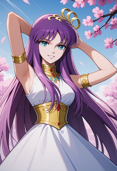 score_9, score_8_up, score_7_up, best quality, intricate details, source anime BREAK masterpiece,
<lora:SaoriKido_Pony_v08:1> athenakido, purple hair, aqua eyes,  sleeveless dress, athena_accessories, armlet,
smile, headshot, Placing hands behind head,
serene courtyard with cherry blossom trees in bloom,