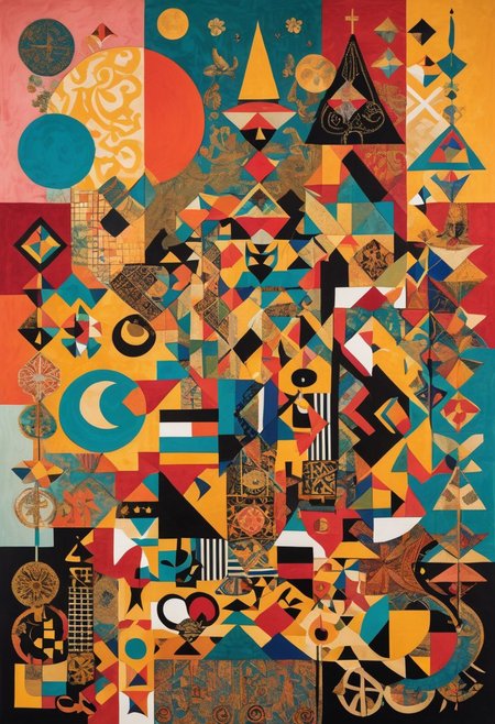 An abstract artwork inspired by Franz Boas' theories of cultural relativism, featuring a vibrant collage of diverse symbols and motifs representing the rich tapestry of human experience, the dynamic composition reflecting the interconnectedness of cultures and the fluidity of identity.