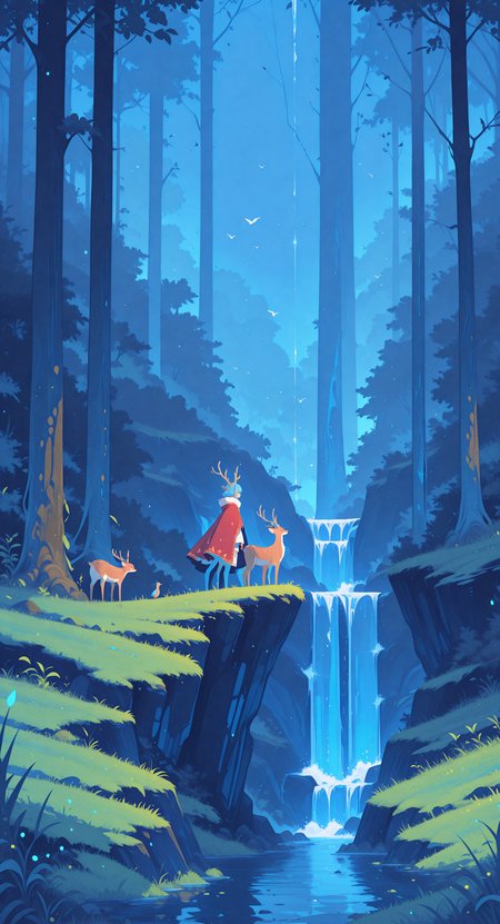 masterpiece, best quality, good quality, newest, highres, absurdres, 1girl, standing, outdoors, horns, water, cape, bird, animal, grass, scenery, nature, forest, red cape, antlers, wide shot, waterfall, deer,blue theme, Low polygon style, Ethereal Brushstroke,
Flat vector illustration,
h4ra_illu,
momosp <lora:illustriousXL_stabilizer_v1.23:0.3> <lora:NOOB_vp1_detailer_by_volnovik_v1:0.3> <lora:ponyv6_noobE11_2_adamW-000017:0.45> <lora:Illustrious:0.15> <lora:checkpoint-e18_s306:1.3> <lora:hara_id_21:0.85> <lora:MomoSweetSpaceILL:0.8>