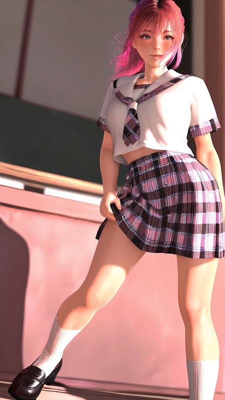 amazing quality,absurdres,best quality,masterpiece,highres,newest,detailed,detailed body,detailed face,masterpiece,best quality,solo,3D,realistic,
éèã¨ç©´,1girl,pink hair,serafuku,plaid skirt,socks,loafers,<lora:éèã¨ç©´:0.8>,