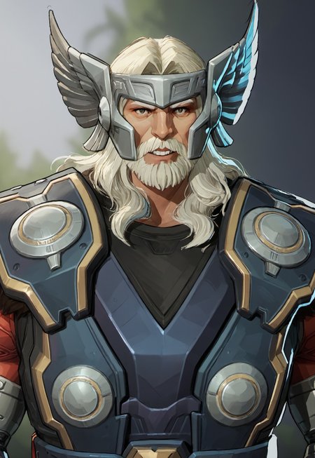 safe_pos, score_9, score_8_up, score_7_up, source_anime, rating_nsfw, ultra hd, absurdres, solo, masterpiece, best quality, best aesthetic, Expressiveh, wolfconf, burankoprn!, 1boy

MRivalsThor, blonde hair, facial hair, beard, armor, helmet, gauntlets, (forest background), (((portrait, headshot))), looking at viewer, smiling, (zoomed in)