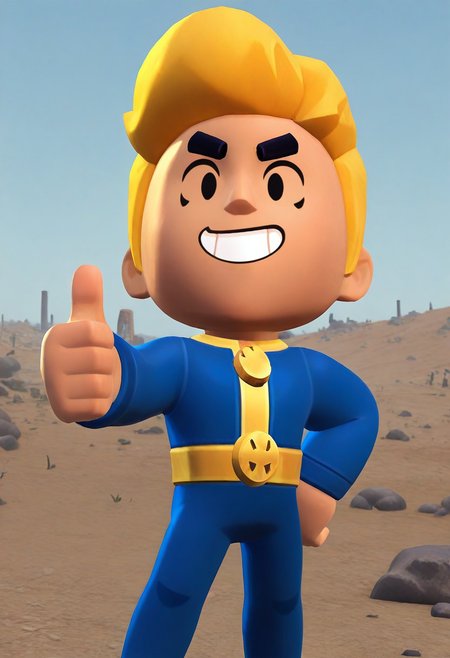 masterpiece, good quality, best quality, very awa, very as2, absurdres, highres, 3d,
<lora:Brawl Stars StyleIlluLYCO:1.4>brwlstrs, 3d, wasteland,
vaultboy, blonde hair, simple face, vault suit, thumbs up