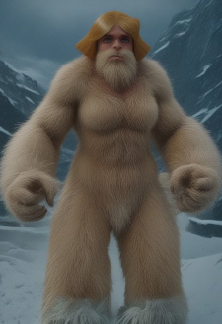 @brtlmss1, tall, muscular, thick limbs, large (kala:0.3) source_cartoon, cartoon_source, dark skin, yeti, bigsquatch, clover \(totally spies\), blonde hair, short hair, blue eye, on a mountain, blonde fur, female bigfoot, sasquatch, looking at viewer, breasts, sad gaze, detailed face, hairy body, detailed eyes, (detailed hands), detailed fingers, Shallow Depth of Field, hairy, FURRY BODY, yeti, (abominable snowman),  very big feet,  beard, covered in yellow fur,