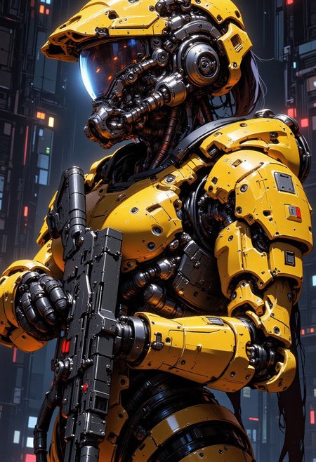 D4rkCyb3rDyn34n1m3 style, photorealistic image of a female space marine in yellow and black armour, helmet with a clear visor reflecting light, hyperdetailed helmet, holding an assault rifle, dark abstract background suggesting interior of spaceship