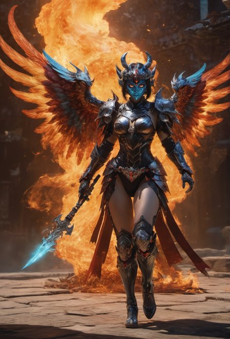 hyperdetailed photography,winxl,full body of a woman,full armor,with colorful shadow wings,oni mask,holding a weapon,ambient,epic,masterpiece,8k uhd,awardwinning,trending on artstation and deviant art,official art,private press,raw photo,  <lora:winxl-step00000350:0.6>,magic particles floating in the air