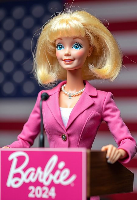 Highly detailed, hyper-realistic portrait of Barbie with pink business suit and pearl necklace, standing at a speaking podium, American flag behind her, lower third campaign logo says "Barbie 2024".