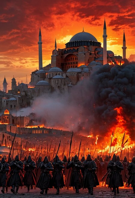 A dramatic scene depicting the fall of Constantinople, blending Byzantine and Crusader influences. The city’s iconic walls are crumbling as Ottoman forces, led by soldiers wearing dark, menacing armor, storm through the breaches. In the foreground, a group of Crusader knights, clad in white tunics with red crosses, valiantly defend the city, fighting fiercely against overwhelming odds. The Byzantine flag flutters in the wind, stained with blood. In the background, the majestic Hagia Sophia stands under a fiery sky, smoke rising from burning buildings. Ottoman cannons fire from the distance, while Greek soldiers retreat towards the inner city. The color palette is dark and fiery, with shades of red, orange, and black, conveying the chaos and desperation of the final moments of the Byzantine Empire.
, moody light, by H.R Giger, 4k resolution digital art trending on Artstation and unreal engine 5, hyperrealism, full body shot, glowing eyes, cinematic, epic, masterpiece, surreal, fantasycore, hyperdetailed, ultra realistic, octane render, volumetric lighting, depth of field, bokeh, 8 <lora:Details:0.85>