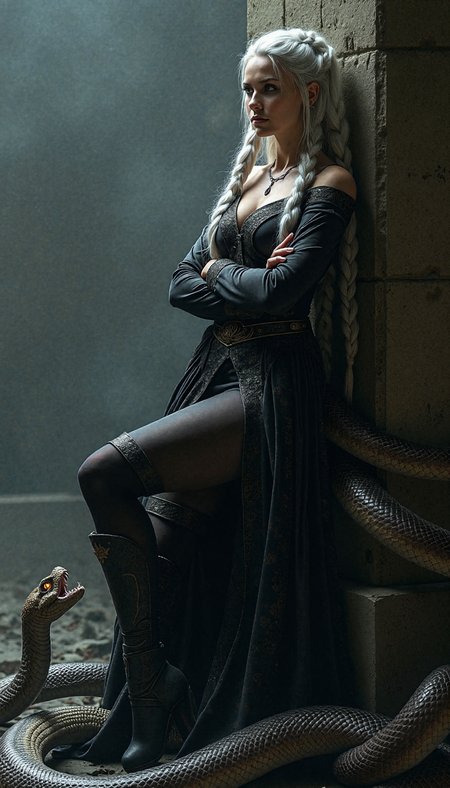 The Serpent Empress leans casually against a shadowed wall, one leg bent slightly, her arms crossed. Her silver braid falls over her shoulder, contrasting with her dark, detailed attire. Serpents coil around her, their scales glistening in the soft light, eyes glowing ominously. The misty, textured background adds depth, with photorealistic shadows accentuating the lifelike quality of her pose and the surrounding serpents.
