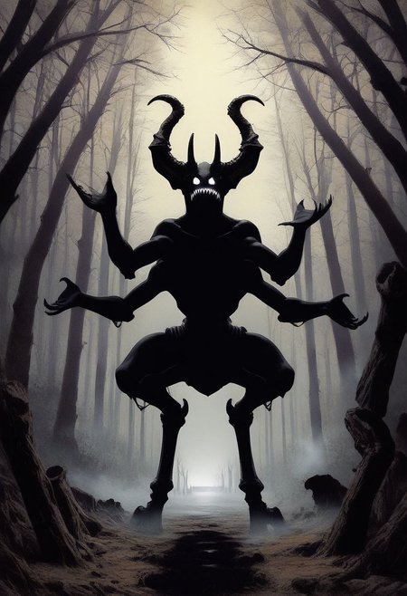 1 creature, dynamic view, 3/4 view, gigant character, dark silhouette, multiple arms, ((multiple horns, numerous horns, multiple large horns, multiple small horns, branching horns, chaotic horns)), ((asymmetrical)), multiple eyes, multiple sharp teeth, open mouth, crouching, reaching towards the ground, skeletal arms, loose flesh
ph4nt0m01l, Trees, fog, high quality, best quality,  score: 9, score: 8 up, rating: safe