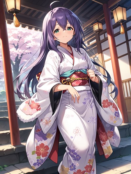 score_9,score_8_up,score_7_up,
official art,official style,game cg,megami magazine,
uncensored,
1girl,solo,
mochizuki anna,purple hair,green eyes,ahoge,long hair,
japanese clothes,obi,obijime,obiage,kimono,fur-trimmed kimono,fur trim,wide sleeves,
<lora:idolmaster_mochizuki_anna_pony_v1.1-000006:1>,