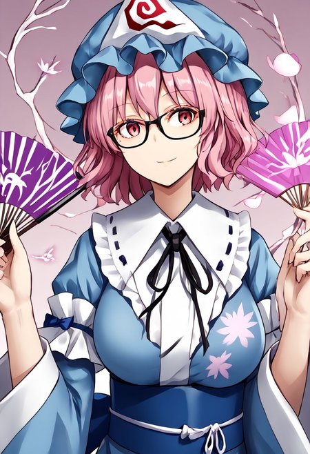1girl, yuyuko, saigyouji_yuyuko, bespectacled, glasses, mob_cap, triangular_headpiece, blue_hat, blue_kimono, long_sleeves, wide_sleeves, frilled_kimono, 
masterpiece, best quality, very aesthetic, absurdres,