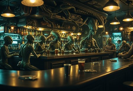 a busy alien bar, hyper realistic, hyper detailed, super intricate, low light, 35mm photo