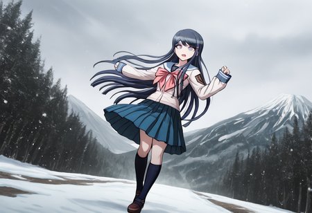 (((solo))), masterpiece, best quality, very aesthetic,  modern, modern anime,  newest, absurdres, highres, dutch angle , confused expression  , (((solo))),danganronpa_(series),<lora:Sayaka_Maizono_Illustrious:1>, This is an anime screencap from Danganronpa 3. . Sayaka Maizono is enacting a dancing . Sayaka Maizono's expression is disappointed expression . Sayaka Maizono is interacting with this environment:  A cinematic cowboy-shot of a person navigating a treacherous mountain path during a fierce blizzard. The scene is rendered with layered depth and a parallax effect, emphasizing a perilous journey along a snow-laden mountain trail. Blizzard winds sculpt surreal snowdrifts and ice formations around the person, under a brooding, stormy sky. Soft focus on the foreground enhances the dramatic and perilous ambiance. Soft, ethereal light is filtering through the blizzard. There is a rugged beauty of the landscape. The person is distinctly in harmony with, yet standing out against, the formidable mountainous terrain. Sayaka Maizono has her long blue hair down. She is wearing the white and blue Hope's Peak Academy uniform with a white top. Her sleeves reach her wrists.  She's wearing a light pink ribbon.  She has a short, pleated, blue skirt. Sayaka Maizono wears navy blue thigh-high socks. Her footwear is dark brown Mary Janes shoes.