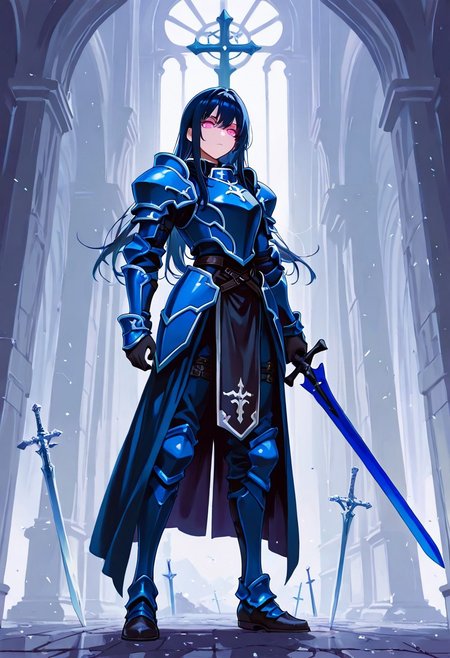 masterpiece, best quality, very aesthetic, absurdres, safe, pink eyes, armor, blue armor, gloves, 1girl, long hair, dark blue hair, sword in hand, blue blade of the sword, cross guard, black handle, full body,