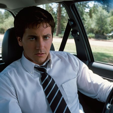 <lora:add-detail-xl:1>
<lora:detailed:0.3>
<lora:perfection style:0.3>
<lora:xl_more_art-full_v1:0.3>
 <lora:Donnie Darko film style:1>
dad a man in a tie driving a car,solo,shirt,long sleeves,1boy,white shirt,male focus,necktie,collared shirt,tree,facial hair,ground vehicle,motor vehicle,watch,realistic,wristwatch,driving,car interior,steering wheel , cinematic, film, Donnie Darko film style