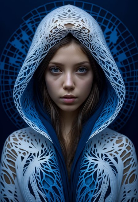 mysterious face, an exotic girl in artsy clothing, fading backlit background, (deep sea fading white to deep blue layered papercut background), alluring goddess, by Minjae Lee, Carne Griffiths, Emily Kell, Steve McCurry, Geoffroy Thoorens, Aaron Horkey, Jordan Grimmer, Greg Rutkowski, amazing depth, double exposure, surreal, geometric patterns, intricately detailed, bokeh,  perfect balanced, deep fine borders, artistic photorealism , smooth,  great masterwork by Suiras  <lora:add-detail-xl:2>  <lora:Double_Exposure:0.5>