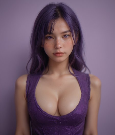 (score_9,score_8_up,score_7_up),
photorealistic, photography, depth of field, cinematic,
looking at viewer, freckles,
purple theme, purple background, purple room, purple dress, purple trousers, purple hair, purple eyes, cleavage,