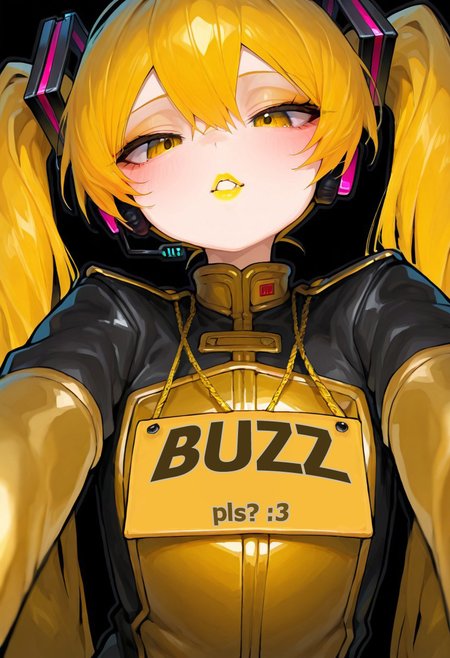 solo, 1girl,long sleeves, (hatsune miku), (yellow hair, yellow eyes, yellow lipstick, gold clothing, golden clothing:1.4), black background, solid black background, neko miku (fortnite), 748cmstyle, by Syuro, Syuro, (heavy outline:1.4), dynamic pose, pov, fish eye lens, torso up, face focus, (large sign, sign on chest, sign necklace, sign), hansei_b, ((LARGE TEXT, "BUZZ")),  (small text, "pls? :3")